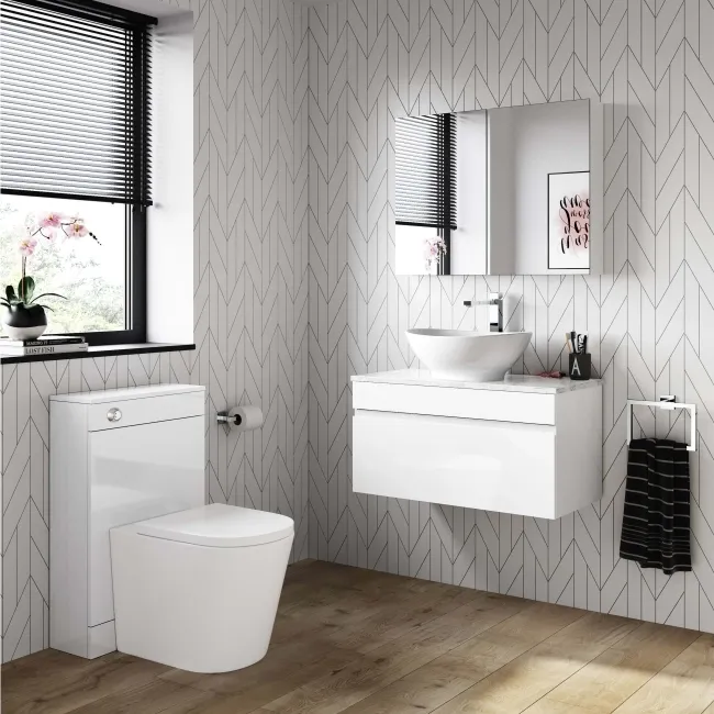 Trent Gloss White Wall Hung Drawer Vanity with Marble Top & Oval Counter Top Basin 800mm