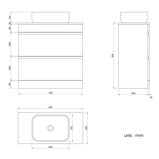 Trent Stone Grey Vanity Drawer with Curved Counter Top Basin 800mm