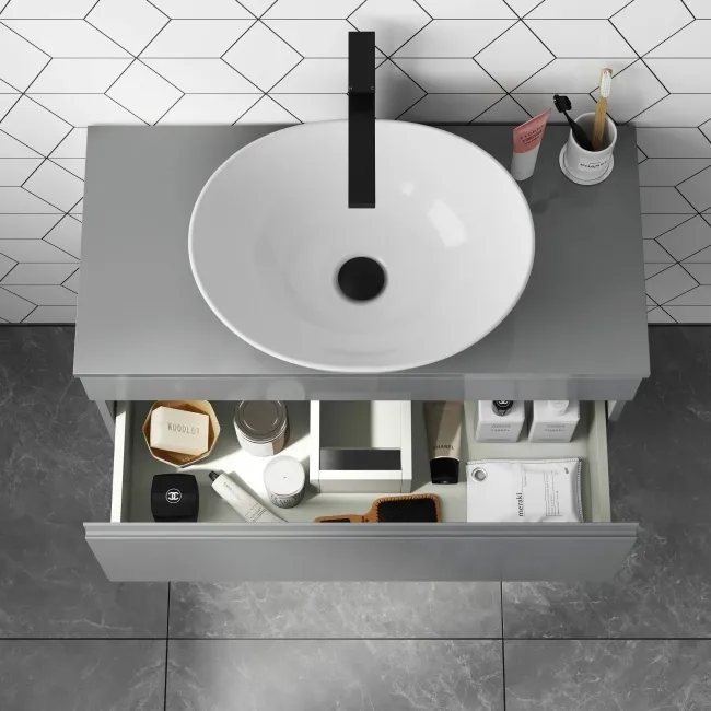 Trent Stone Grey Wall Hung Drawer Vanity with Oval Counter Top Basin 800mm