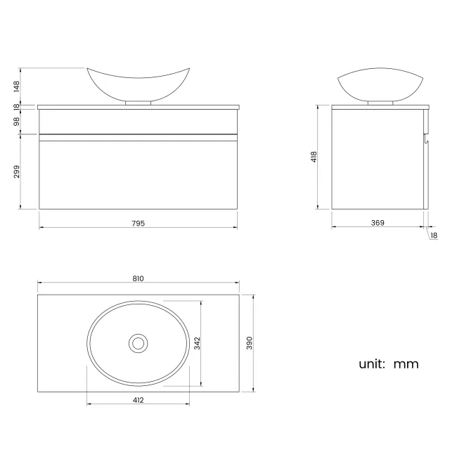 Trent Stone Grey Wall Hung Drawer Vanity with Oval Counter Top Basin 800mm