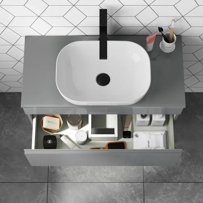 Trent Stone Grey Wall Hung Drawer Vanity with Curved Counter Top Basin 800mm