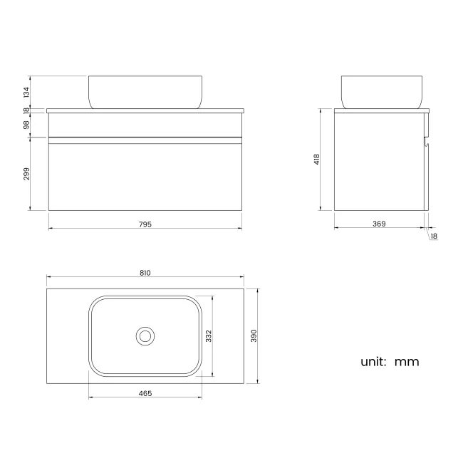 Trent Stone Grey Wall Hung Drawer Vanity with Curved Counter Top Basin 800mm
