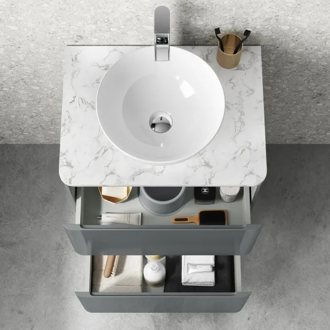 Corsica Storm Grey Vanity Drawer with Marble Top & Round Counter Top Basin 600mm