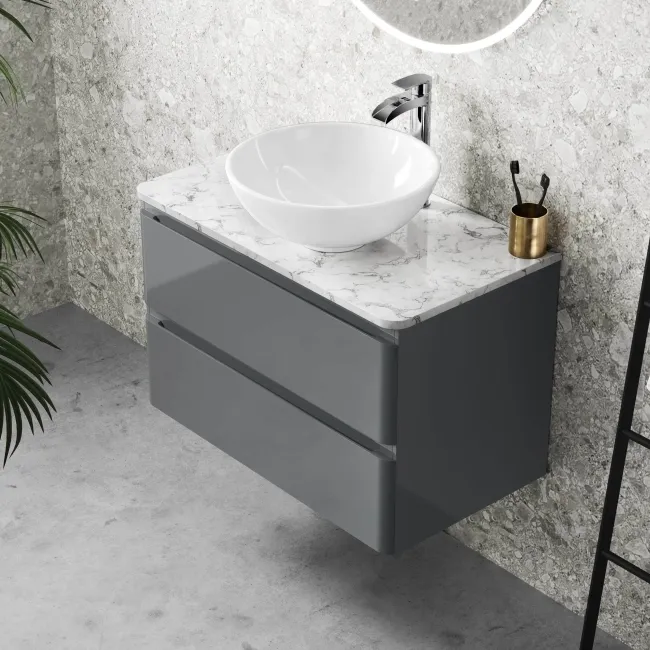 Corsica Storm Grey Wall Hung Drawer Vanity with Marble Top & Round Counter Top Basin 800mm