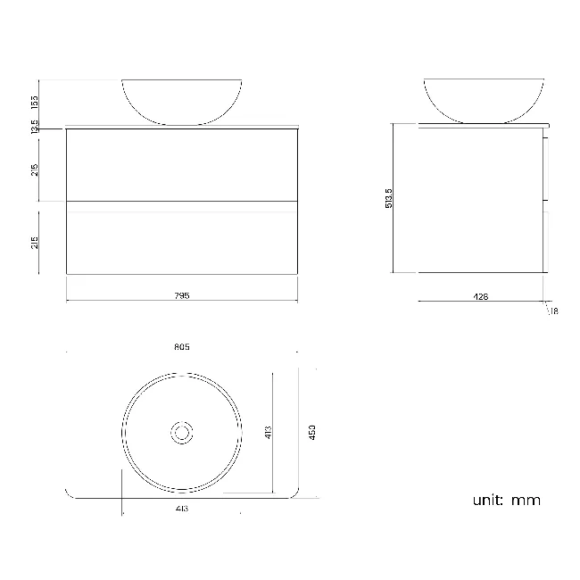 Corsica Storm Grey Wall Hung Drawer Vanity with Marble Top & Round Counter Top Basin 800mm