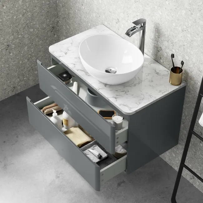 Corsica Storm Grey Wall Hung Drawer Vanity with Marble Top & Oval Counter Top Basin 800mm