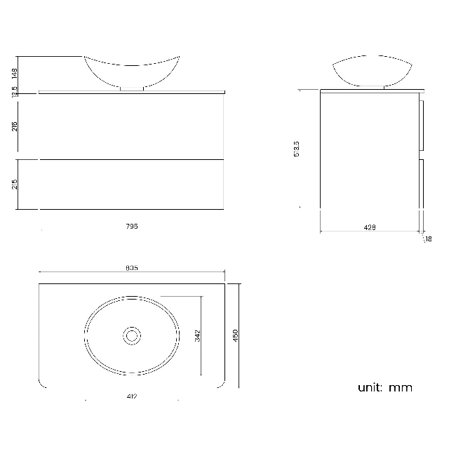 Corsica Storm Grey Wall Hung Drawer Vanity with Marble Top & Oval Counter Top Basin 800mm