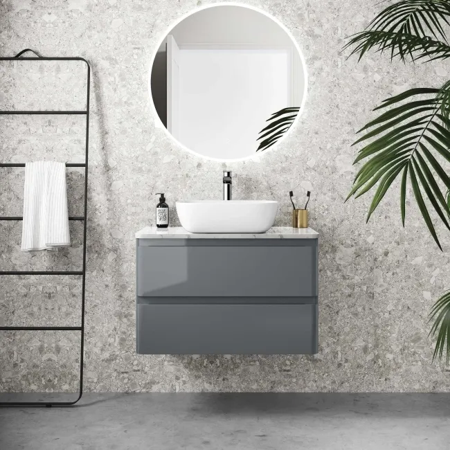 Corsica Storm Grey Wall Hung Drawer Vanity with Marble Top & Curved Counter Top Basin 800mm