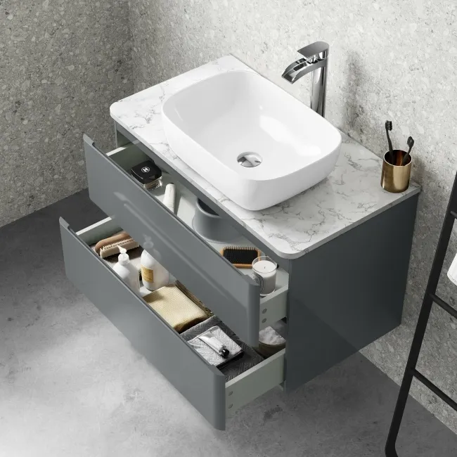 Corsica Storm Grey Wall Hung Drawer Vanity with Marble Top & Curved Counter Top Basin 800mm