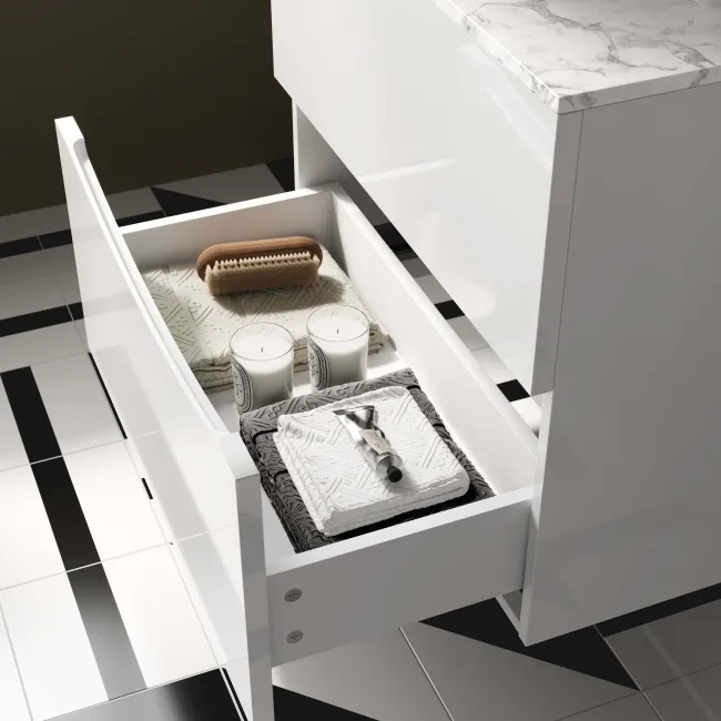 Austin Gloss White Wall Hung Drawer Vanity with Marble Top & Curved Counter Top Basin 600mm