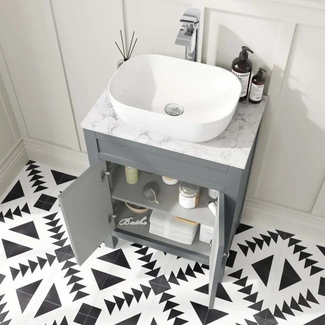 Bermuda Dove Grey Vanity with Marble Top & Curved Counter Top Basin 600mm