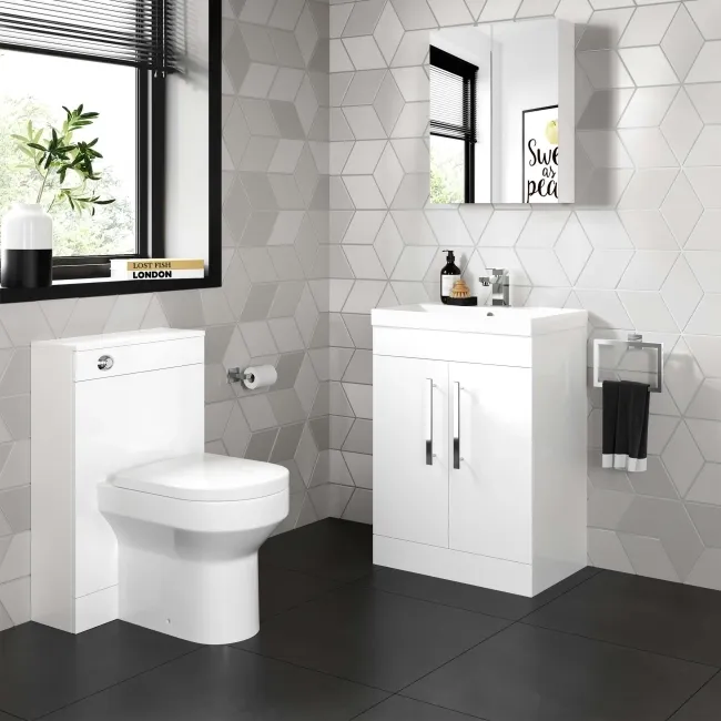 Avon & Trent Gloss White Slimline Back To Wall Unit and Denver Toilet