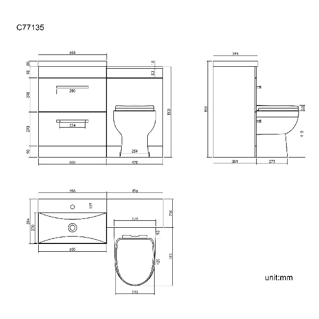 Avon Gloss White Combination Basin Drawer and Seattle Toilet 1100mm