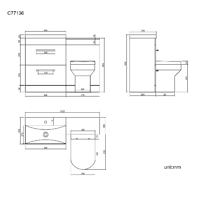 Avon Gloss White Combination Basin Drawer and Denver Toilet 1100mm