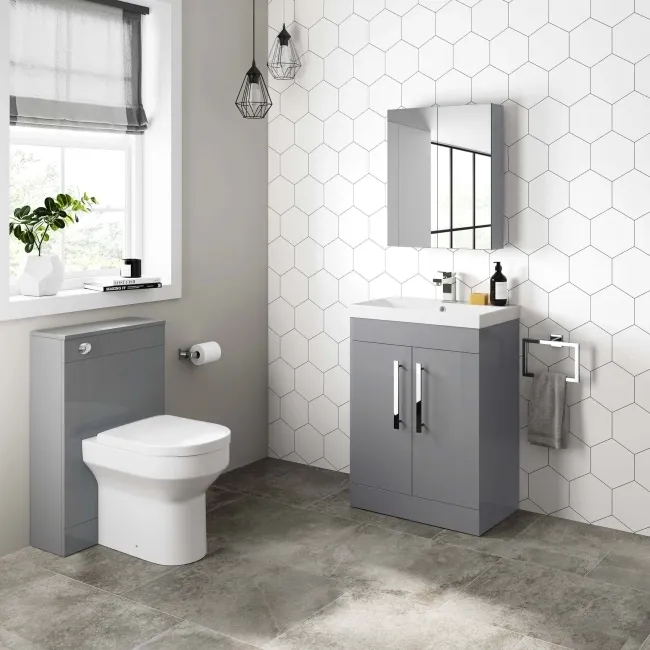 Avon & Trent Stone Grey Slimline Back To Wall Unit and Denver Toilet