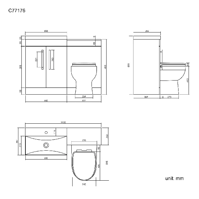 Avon Stone Grey Combination Vanity Basin and Seattle Toilet 1100mm
