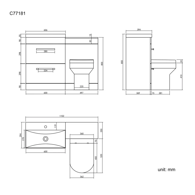 Avon Stone Grey Combination Basin Drawer and Denver Toilet 1100mm