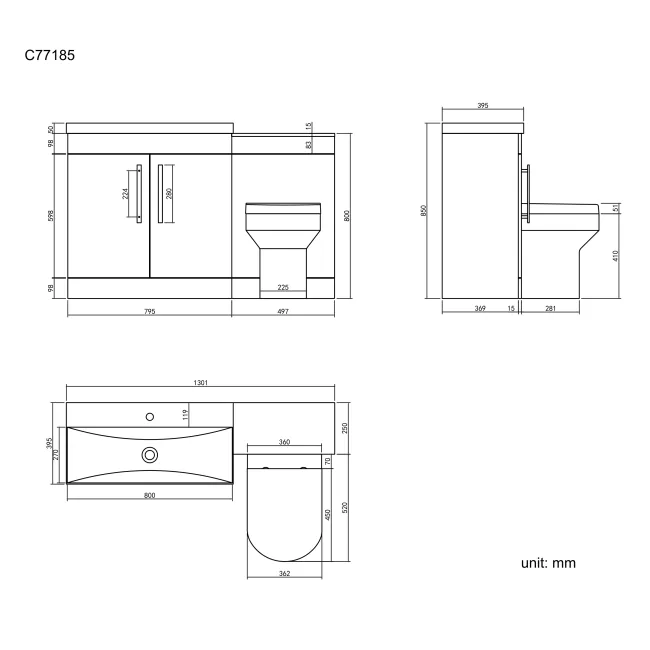 Avon Stone Grey Combination Vanity Basin and Denver Toilet 1300mm