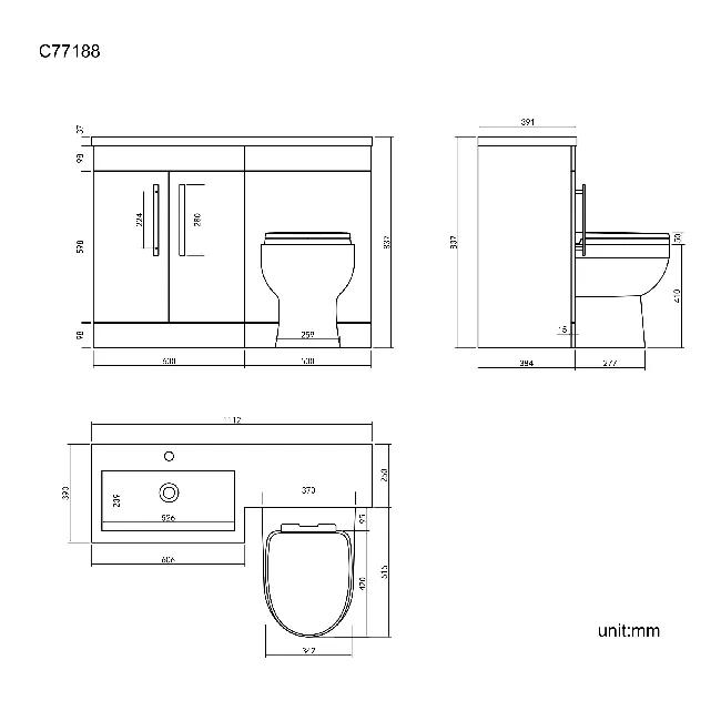 Avon Stone Grey Combination Vanity Basin and Seattle Toilet 1100mm - Left Handed