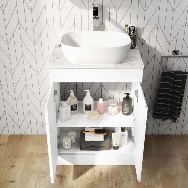 Trent Gloss White Cabinet with Marble Top 600mm - Excludes Counter Top Basin