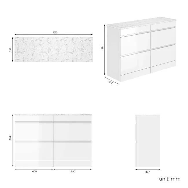 Trent Gloss White Drawer with Marble Top 1200mm - Excludes Counter Top Basins