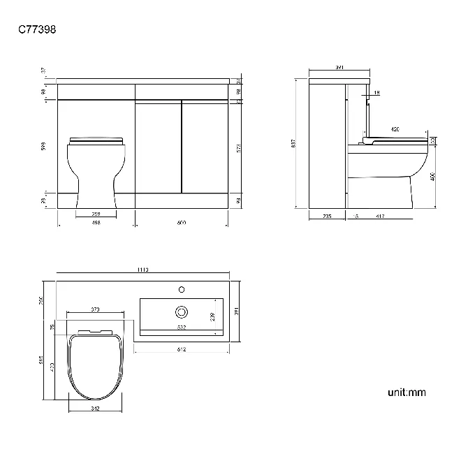 Trent Stone Grey Combination Vanity Basin and Seattle Toilet 1100mm - Right Handed