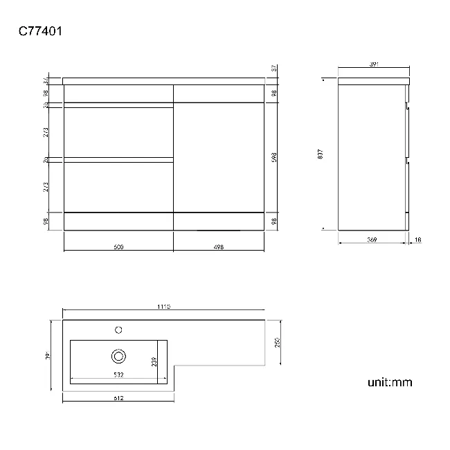 Trent Stone Grey Basin Vanity Drawer and Back To Wall Unit 1100mm - Left Handed