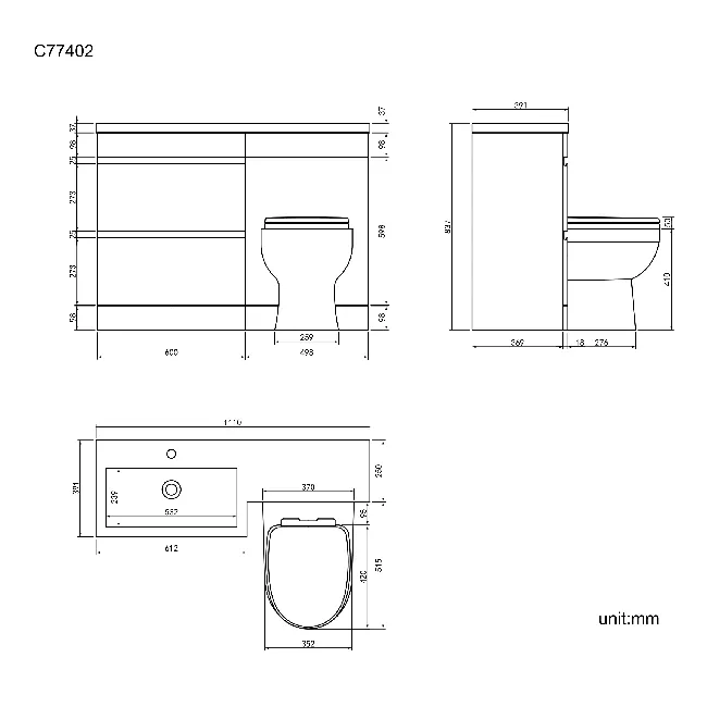 Trent Stone Grey Combination Basin Drawer and Seattle Toilet 1100mm - Left Handed