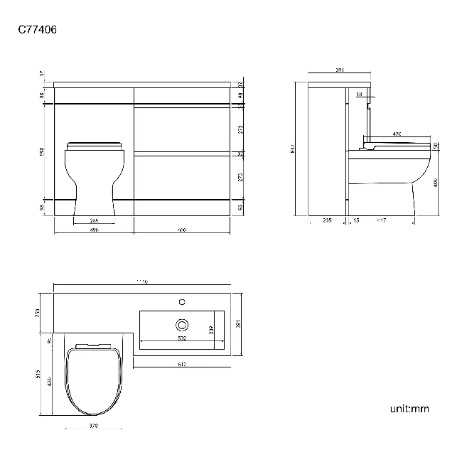 Trent Stone Grey Combination Basin Drawer and Seattle Toilet 1100mm - Right Handed