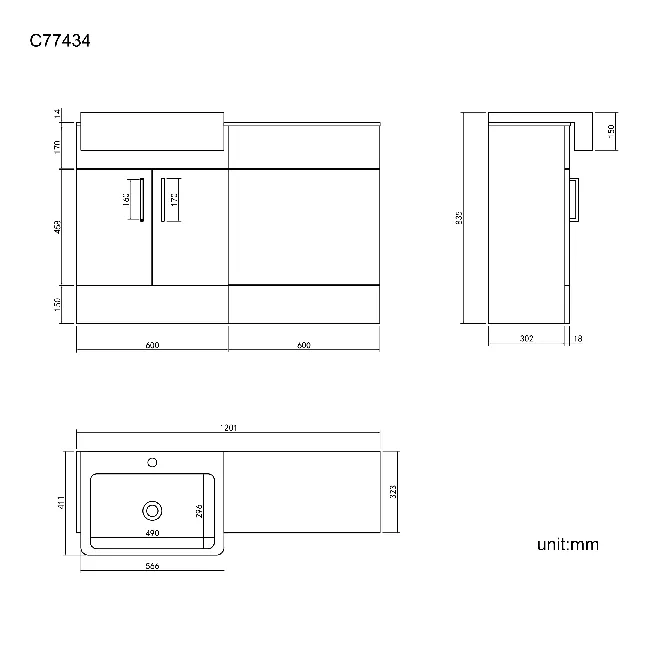 Harper Stone Grey Basin Vanity with Marble Top & Back To Wall Unit 1200mm