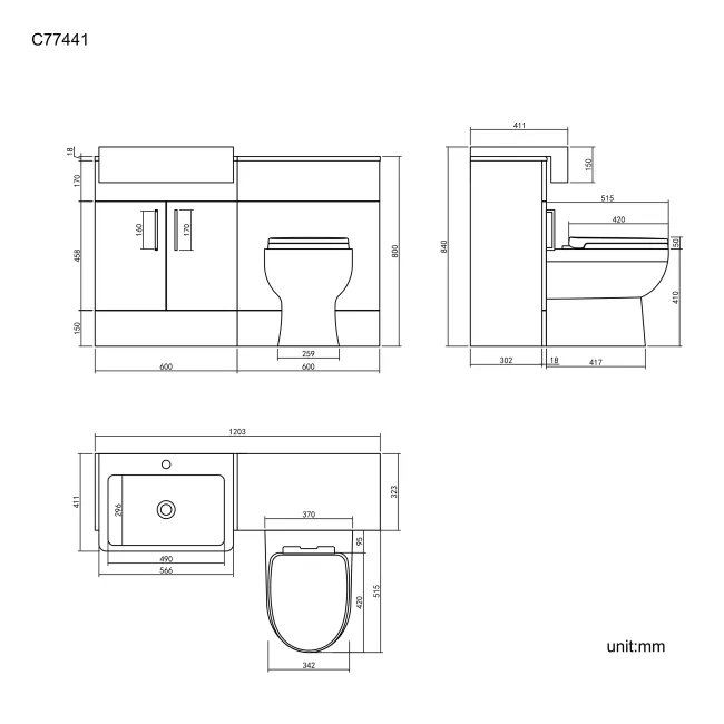 Harper Charcoal Elm Combination Vanity Basin and Seattle Toilet 1200mm