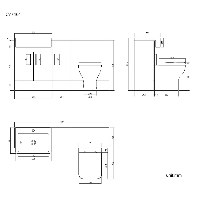 Harper Charcoal Elm Combination Vanity Basin with Marble Top & Atlanta Toilet 1500mm