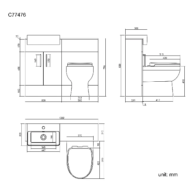 Harper Stone Grey Combination Vanity Basin with Marble Top & Seattle Toilet 1000mm