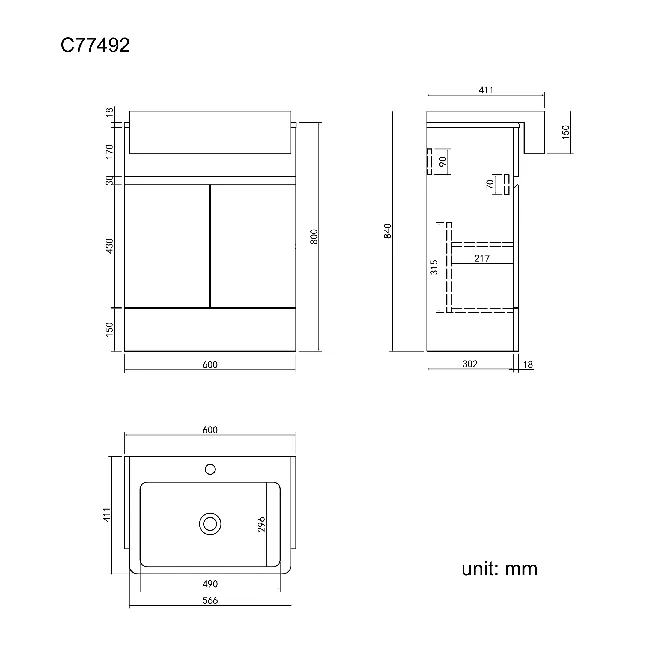 Foster Gloss White Vanity with Semi Recessed Basin 600mm