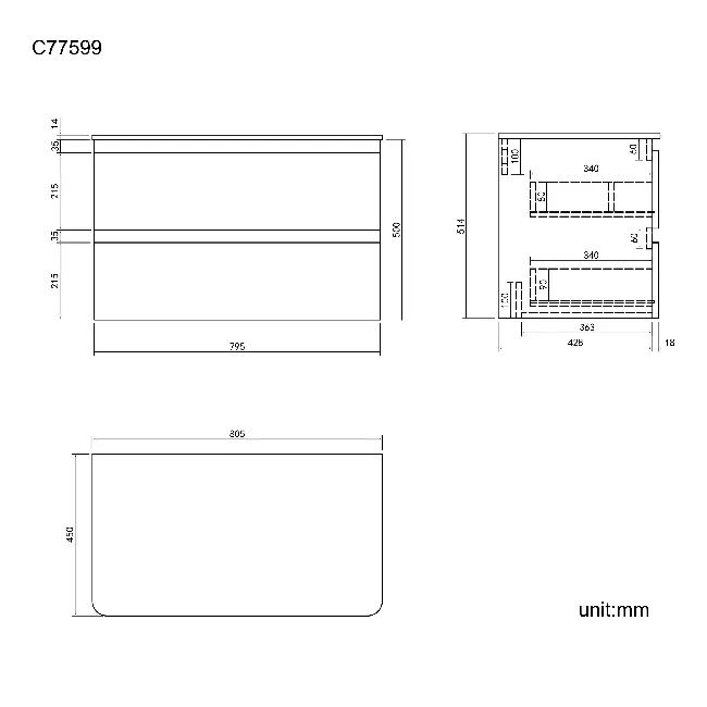 Corsica Storm Grey Wall Hung Drawer with Marble Top 800mm - Excludes Counter Top Basin