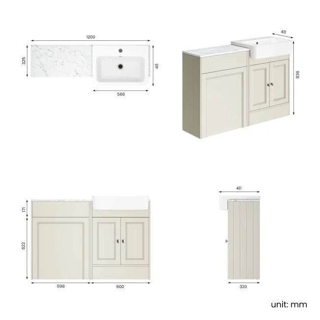 Monaco Chalk White Combination Vanity Basin with Marble Top 1200mm (Excludes Pan & Cistern)