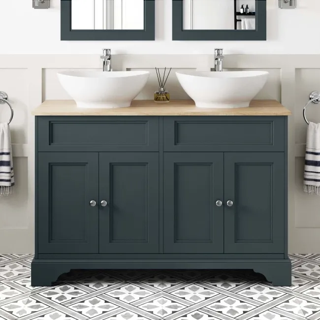 Lucia Inky Blue Double Vanity with Oak Effect Top & Oval Counter Top Basin 1200mm