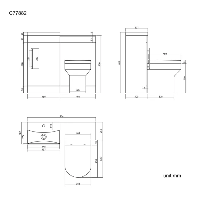 Avon Gloss White Combination Vanity Basin and Denver Toilet 950mm - Black Accents