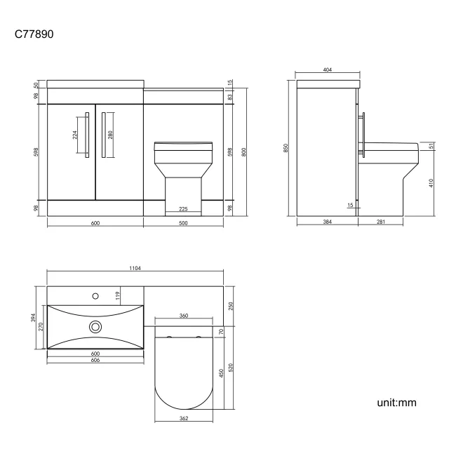 Avon Gloss White Combination Vanity Basin and Denver Toilet 1100mm - Black Accents
