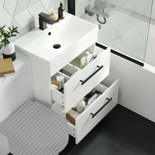 Avon Gloss White Basin Drawer Vanity and Back To Wall Toilet Unit 1100mm - Black Accents