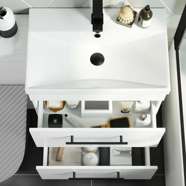 Avon Gloss White Basin Drawer Vanity and Back To Wall Toilet Unit 1100mm - Black Accents