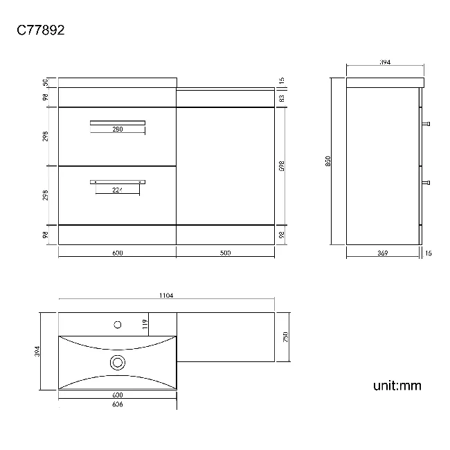 Avon Gloss White Basin Drawer Vanity and Back To Wall Toilet Unit 1100mm - Black Accents