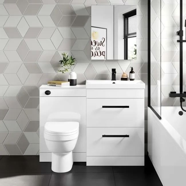 Avon Gloss White Combination Basin Drawer and Seattle Toilet 1100mm - Black Accents