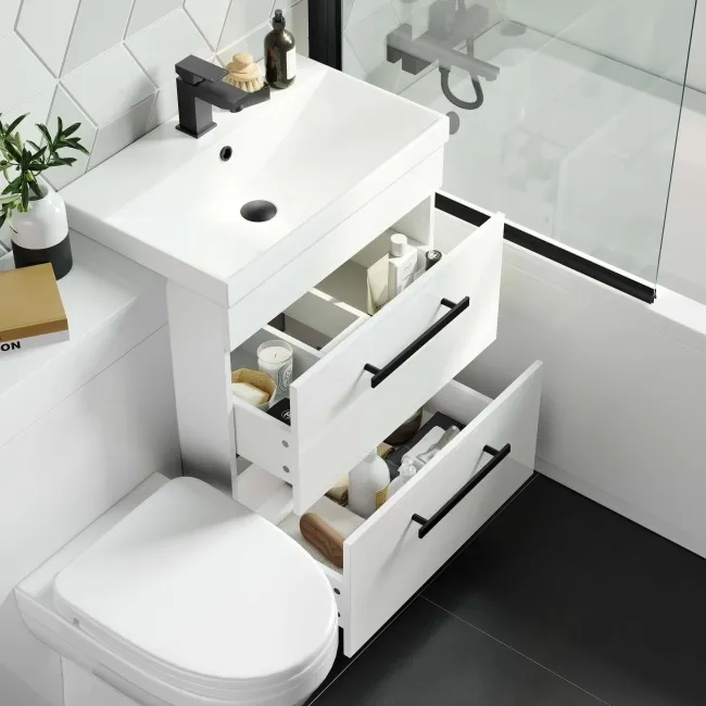 Avon Gloss White Combination Basin Drawer and Seattle Toilet 1100mm - Black Accents