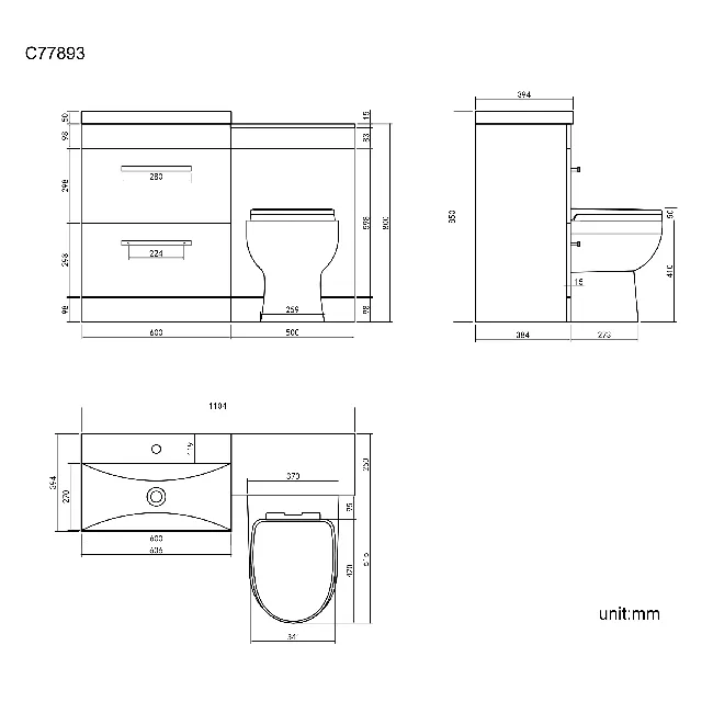 Avon Gloss White Combination Basin Drawer and Seattle Toilet 1100mm - Black Accents
