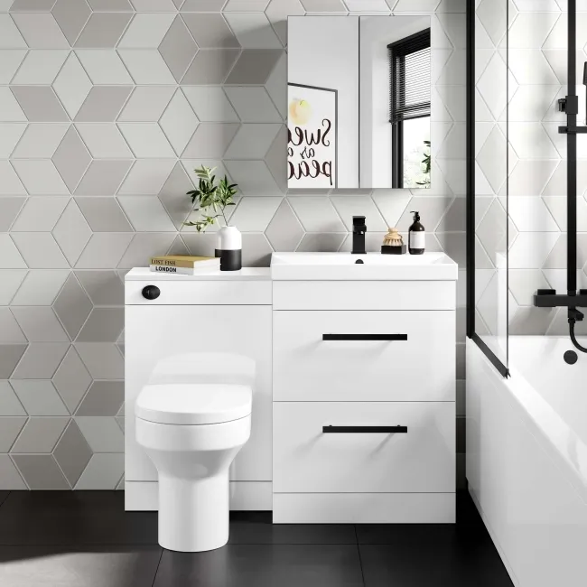 Avon Gloss White Combination Basin Drawer and Denver Toilet 1100mm - Black Accents
