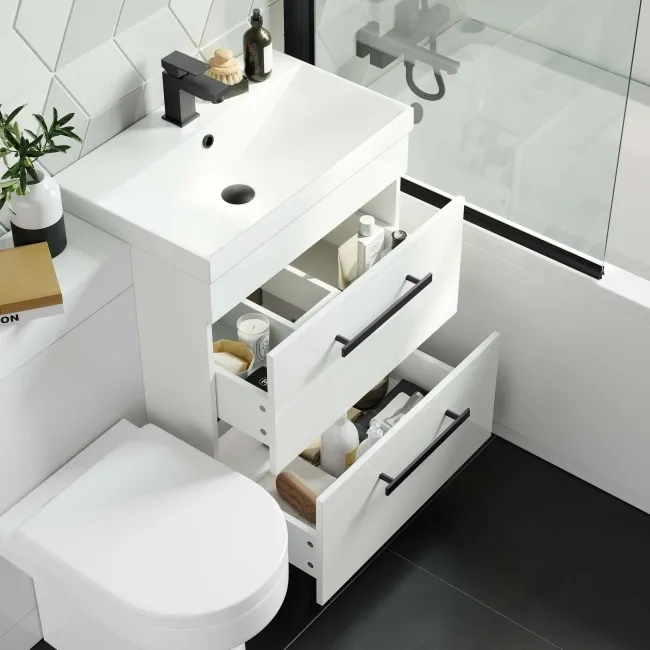 Avon Gloss White Combination Basin Drawer and Denver Toilet 1100mm - Black Accents