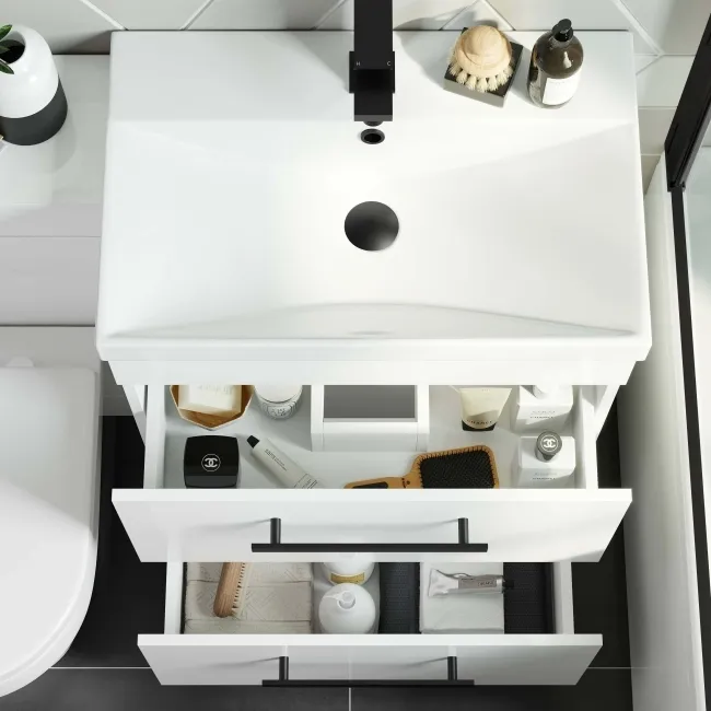 Avon Gloss White Combination Basin Drawer and Denver Toilet 1100mm - Black Accents