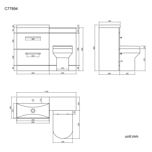 Avon Gloss White Combination Basin Drawer and Denver Toilet 1100mm - Black Accents
