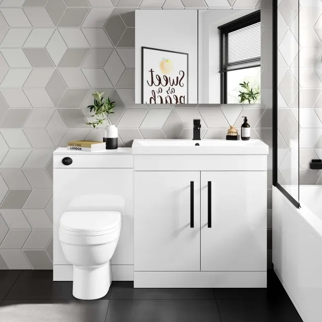 Avon Gloss White Combination Vanity Basin and Seattle Toilet 1300mm - Black Accents